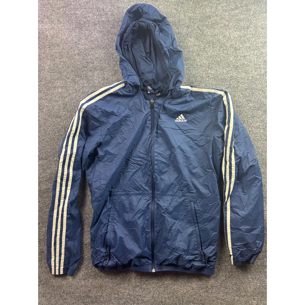 Adidas Windbreaker Jacket Mens Medium Navy Blue 3-Stripe Hooded Full Zip 67397